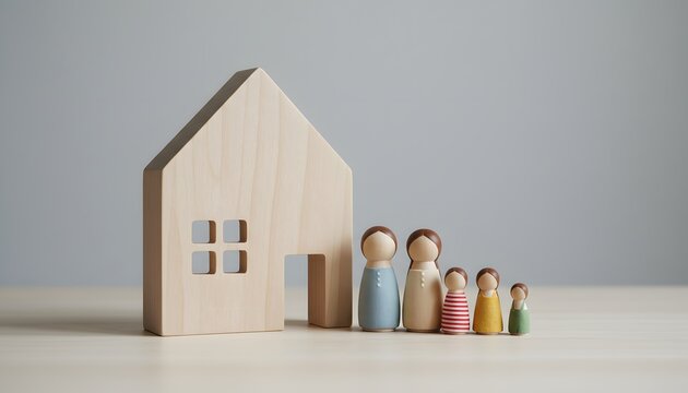 Minimalist wooden house model with five peg dolls in front