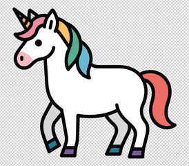 Fototapeta premium Cartoon Unicorn Icon – Whimsical Fantasy Animal with Multicolor Mane and Transparent Background for Kids, Magic, Birthday, Nursery & Sticker Design Use