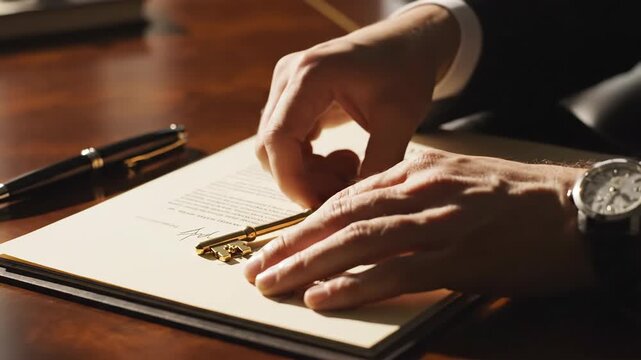 A man's hands pick up a golden key from a signed contract. Closing a business or real estate deal. Success and ownership concept