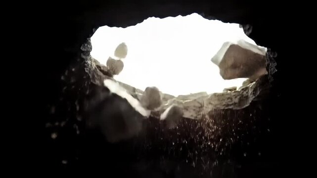 s falling into a dark hole, creating a dramatic and mysterious scene.