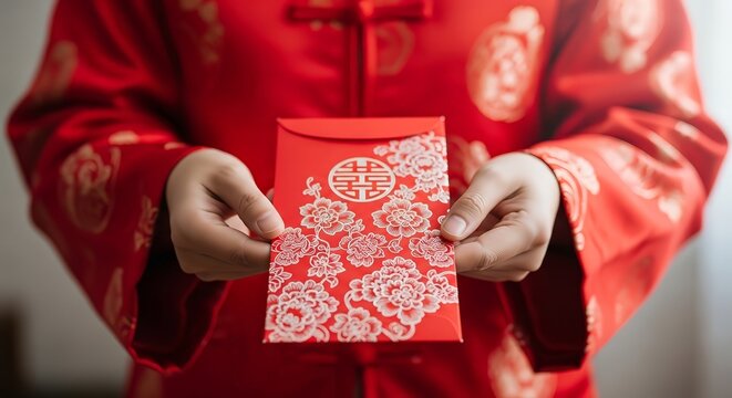 Person in traditional red clothing holds a decorative red envelope with floral patterns.