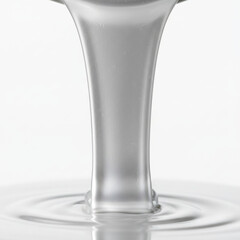 Close-Up Of Metallic Liquid Splash Forming A Vertical Column Over Calm Water Surface