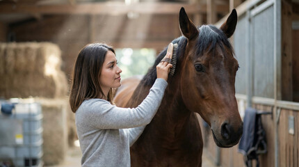 Fototapeta premium Woman grooming a brown horse in a stable with hay bales in the background