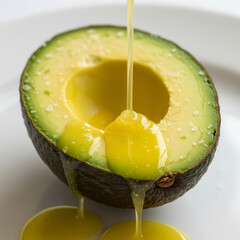 Creamy Avocado Half Drizzled With Golden Sauce On White Plate - Close-Up Food Photography