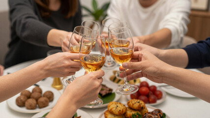 Joyful friends raise glasses in a vibrant toast, celebrating a cherished occasion with delicious food and drinks at a festive dinner party gathering