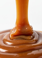 Close-Up Of Thick Caramel Sauce Drizzling Into A Smooth Golden Pool, Irresistibly Sweet