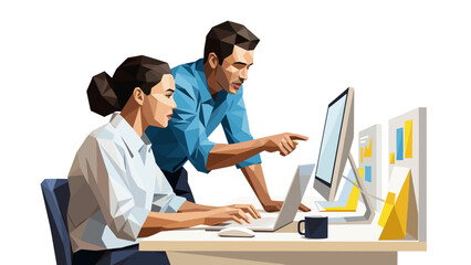 Team collaboration in modern office setting with geometric design