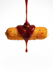 Crispy Mozzarella Sticks with Red Sauce Drizzle on White Background, Close-Up Food Photo