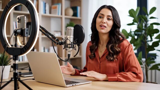 Woman recording a podcast in a home studio. Content creator speaking into a microphone with a ring light and laptop. Vlogging and digital media concept