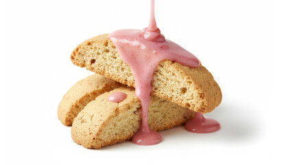 Golden Cookies Stacked With Pink Icing Dripping Over White Background For Dessert