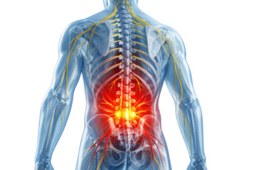Human lower back anatomy showing lumbar spine nerves inflammation pain posterior torso medical illustration detailed visualization isolated on white background