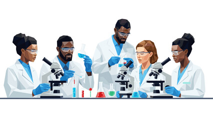 Obraz premium Diverse team of scientists conducting experiments in a geometric style laboratory