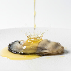 Golden Sauce Drizzle Over Oyster On White Surface &mdash; Splashing Culinary Moment