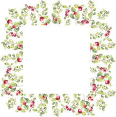 Obraz premium Delicate frame of hand drawn lingonberry branches isolated on white. Botanical watercolor drawing of cowberry for greeting card design with empty space. Autumn red berry border with place for text