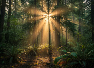 Golden Sun Rays Through Misty Forest Create Serene Morning Light in Dense Woods With Pine Canopy