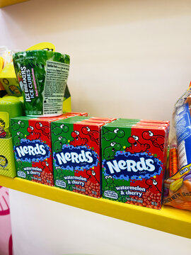 Nerds candy boxes watermelon and cherry on bright store shelf display with colorful packaging