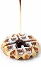 Golden Waffle With Maple Syrup Drizzle and Powdered Sugar on White Background