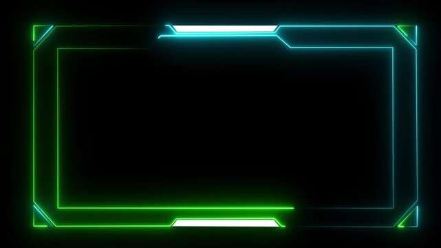 Glowing neon futuristic frame animation with cyan and green lines on a black background, digital overlay, gaming interface, livestream border, or technology background