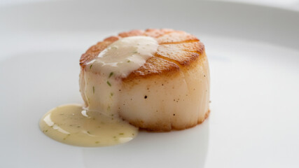 Pan Seared Scallop With Creamy Herb Sauce On White Plate &ndash; Gourmet Fine Dining