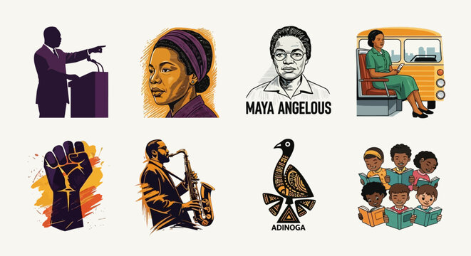 Illustrations celebrating Black history and culture featuring civil rights leaders, artists, and symbols of empowerment and education.