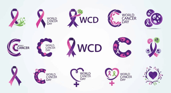 Collection of World Cancer Day logos and awareness ribbon designs in purple and pink, featuring various symbols for cancer support and solidarity.