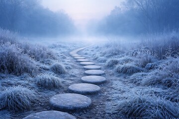 Frosty path with stepping stones and Misty horizon on blue background.