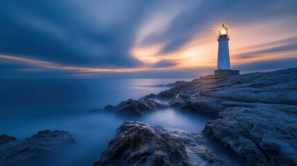 Lighthouse standing on rocky coastline at dusk with vibrant sky