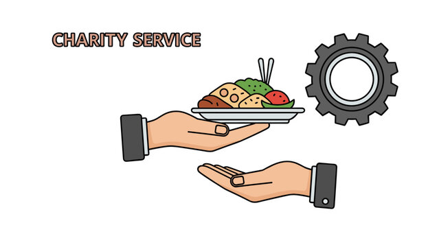 Colorful charity service illustration with hands offering food and gear symbol