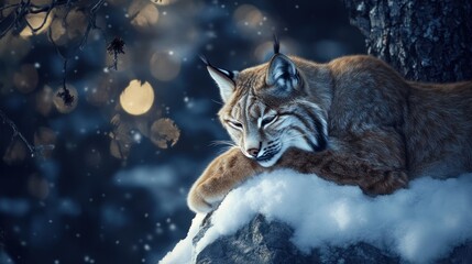 Lynx resting on a snowy tree stump in a forest at night