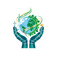 Two Hands Hold Earth Surrounded by Green Energy and Trees for a Sustainable Future