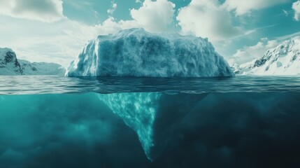 Massive iceberg with large underwater base floating in the ocean