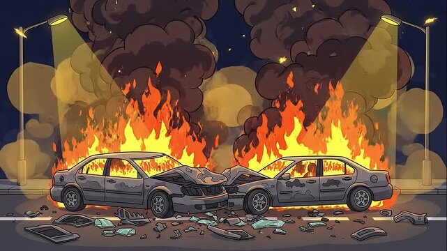 Car Crash on Fire Head-On Collision Night Accident Scene Cartoon