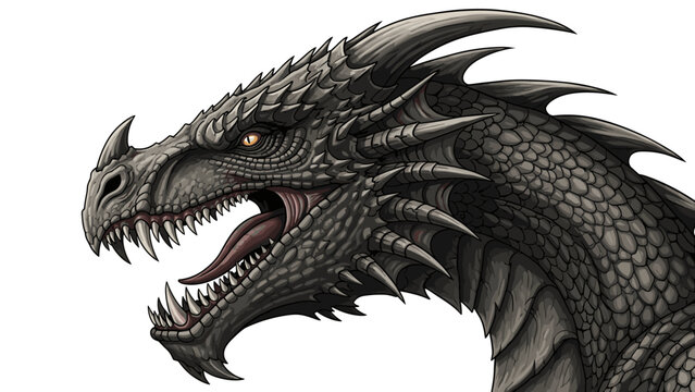 Detailed dragon head in profile view with intricate scales and fierce expression