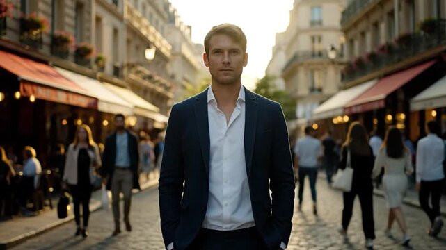 Man in Suit Standing on Parisian Street with Cafes.