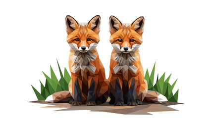 Fototapeta premium Geometric twin foxes with green foliage in low poly art style