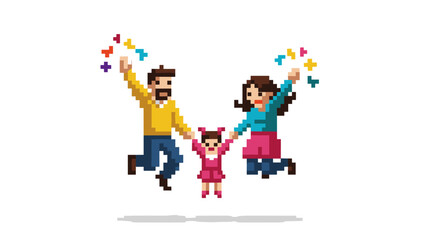 Obraz premium Joyful family pixel art: parents and child celebrating with confetti