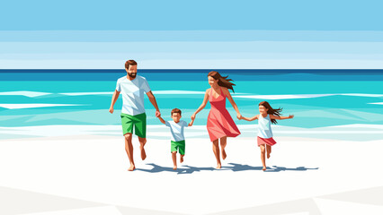 Family enjoying a sunny beach day in minimalist geometric art style