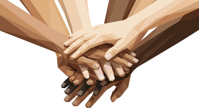 Unity and diversity concept with geometric hands stacked together in low poly art style