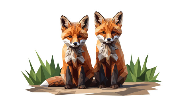 Geometric fox pair in low poly art with grass background