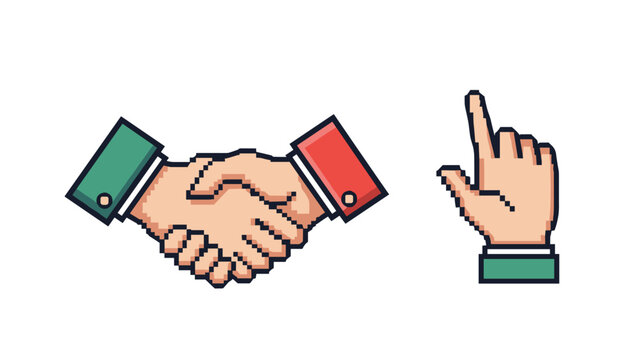 Pixel art handshake and pointing gesture with retro style and vibrant colors