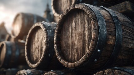 Closeup of traditional wooden beer barrels stacked in rustic brewery detailed craftsmanship natural light inviting atmosphere
