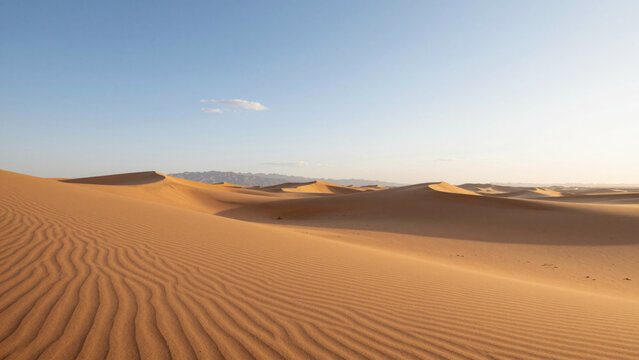 Golden hour light bathes the undulating sand dunes of a vast desert landscape under a clear, serene sky, showcasing intricate ripple patterns across the sandy terrain