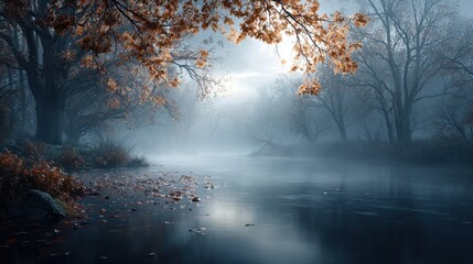 Fototapeta premium Misty autumn morning over tranquil river nature scene outdoor environment serene viewpoint captivating concept