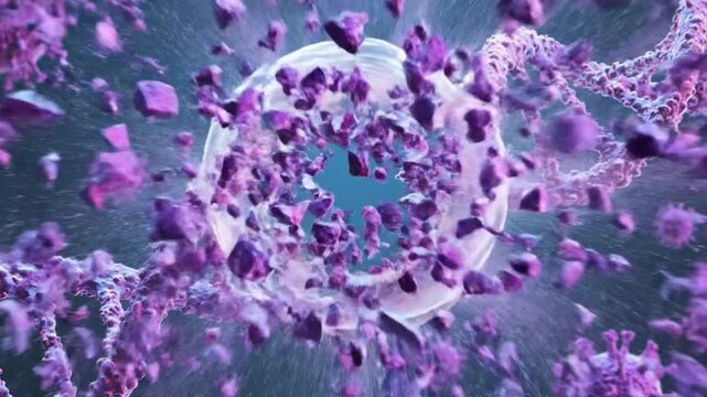 Purple virus colliding with and shattering DNA strand -Genetic damage and mutation 3D animation
