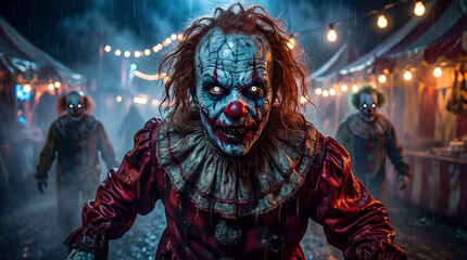 Obraz premium Terrifying evil clown walking through haunted carnival at night with glowing eyes and horror atmosphere.