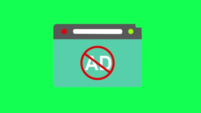 Clean animated browser window with a prominent ad block symbol, illustrating digital privacy and a clean browsing experience on a vibrant green chroma key background loop.
