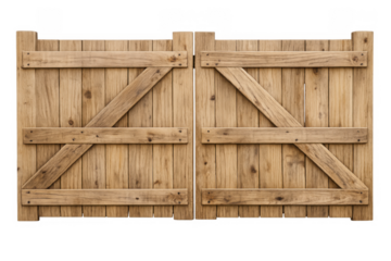 Wooden rustic farm gate with timber panels and cross braces, isolated on transparent background, providing a rural entrance