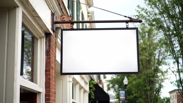 Blank rectangular sign hanging outside a brick building, ready for customization.