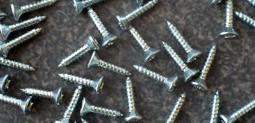 Self-tapping screws in silver color top view.A banner with fasteners.