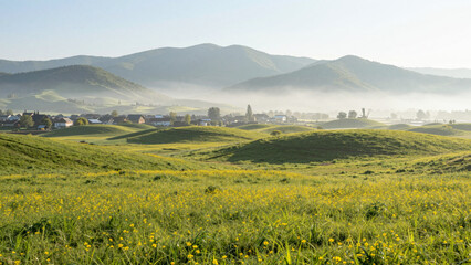 Fototapeta premium Misty Morning Unveils a Picturesque Village Nestled Amidst Verdant Rolling Hills Adorned with Bright Yellow Wildflowers, a Serene Natural Landscape View